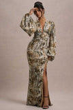 Casarile Snake Print V-Neck Balloon Sleeve Maxi Dress