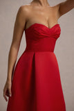 Wintour Red Satin Sweetheart Midi Dress