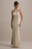 Bianca Champagne Satin Feather-Trim Maxi Dress