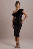 Volute Black Sequin One-Shoulder Draped Midi Dress