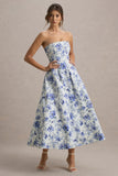 Annalise Blue Floral Print Bandeau Skater Midi Dress