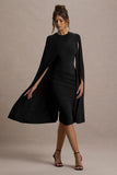 Marysol Black Asymmetric Cape Midi Dress