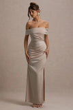 Martine Champagne Satin Bardot Wrap Maxi Dress