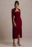 Linden Berry Bodycon Cape-Sleeve Midi Dress