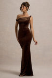 Neeka Brown Velvet Twisted Asymmetric Maxi Dress
