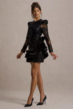 Myka Black Sequin Long-Sleeve Ruffle Hem Mini Dress