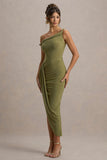Angelique Olive Green Twisted Asymmetric Maxi Dress