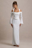 Heartthrob Ivory Satin Draped Bardot Maxi Dress