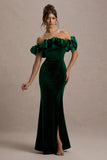 Esmeralda Bottle Green Velvet Structured Ruffled Bardot Maxi Dress