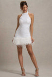 Lumi White Sequin High-Neck Feather Trim Mini Dress