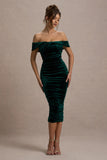 Gratitude Bottle Green Velvet Off The Shoulder Ruched Midi Dress
