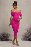 Unwrapped Dark Pink Ruched Twist Bardot Maternity Midi Dress