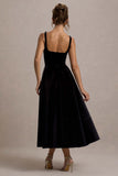 Francisca Black Velvet Strappy Volume-Hem Midi Dress