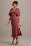 Danna Rose Pink Satin V-Neck Short-Sleeve Midi Dress