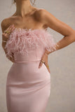 Dress For It Pale Pink Satin Feather Trim Bandeau Maxi Dress