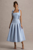 Alberta Powder Blue Satin Midi Dress With Bow Straps