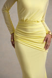 Deanna Lemon Asymmetric Long-Sleeve Ruched Maxi Dress
