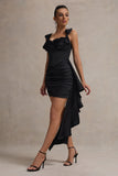 Lesina Black Satin Ruched Corset Mini Dress With Drape
