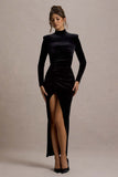 Jaz Black Velvet High-Neck Gathered Split Maxi Dress