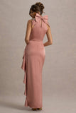 Maureen Pink Satin High-Neck Draped Maxi Dress