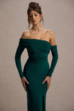 Stand Out Bottle Green Bardot Long Sleeve Ruched Maxi With Side Split