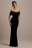 West End Black Velvet Embellished Bardot Maxi Dress