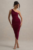Dorit Burgundy One Shoulder Asymmetric Ruched Midi Dress