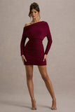 Zhara Burgundy Ruched One-Shoulder Bodycon Mini Dress