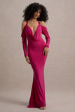 Hurghada Hot Pink Plunge-Neck Long-Sleeve Maxi Dress