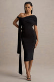 Vallea Black One-Shoulder Draped Midi Dress