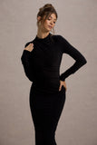 Hespera Black High-Neck Long-Sleeve Gathered Maxi Dress