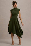 Velma Olive Satin Midi Dress With Draped Hem