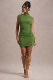 Lalani Palm Green Ruched High-Neck Mini Dress