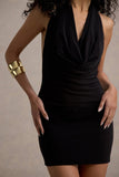 Serenella Black Plunge-Neck Draped Mini Dress
