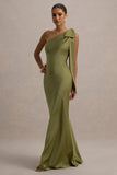 Here For Love Khaki Satin Asymmetric Maxi Dress With Bow