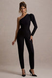 San Jose Black One-Shoulder Puff-Sleeve Jumpsuit
