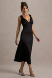 Beck Black Satin Plunge-Neck Cross-Back Midi Dress