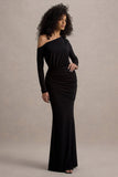 Deanna Black Asymmetric Long-Sleeve Ruched Maxi Dress