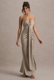 Mackenzie Champagne Satin Plunge-Neck Draped Maxi Dress