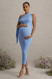 Katarine Powder Blue Asymmetric Knot Maternity Midi Dress