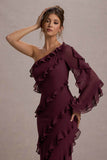 Lalika Burgundy Asymmetric One-Sleeve Ruffle Maxi Dress