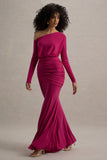 Deanna Hot Pink Asymmetric Long-Sleeve Ruched Maxi Dress