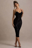 Whitney Black Velvet Floral Strappy Sweetheart Midi Dress