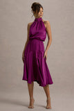 Palonia Pink Satin High-Neck Split Midi Dress