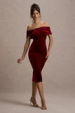 Snowflake Berry Velvet Bardot Bow Detail Midi Dress