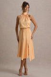 Palonia Peach Satin High-Neck Split Midi Dress