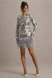 Wynter Silver Sequin Long-Sleeve Feather-Trim Mini Dress