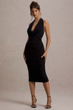 Coda Black Ruched Plunge-Neck Midi Dress