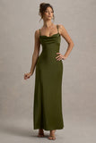 Eimear Olive Green Satin Draped Sweetheart Maxi Dress