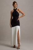 Khai Black & White Halter-Neck Maxi Dress With Plisse Skirt
